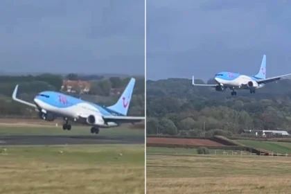A jet pilot aborted a landing just feet from the ground amid fierce storm winds at a British airport. The Boeing 737 was about to touch down when the pilot hit the.