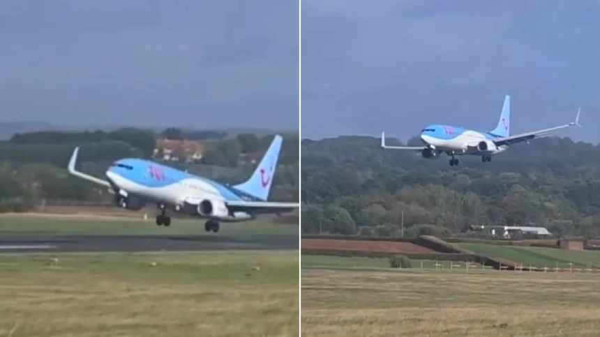A jet pilot aborted a landing just feet from the ground amid fierce storm winds at a British airport. The Boeing 737 was about to touch down when the pilot hit the.
