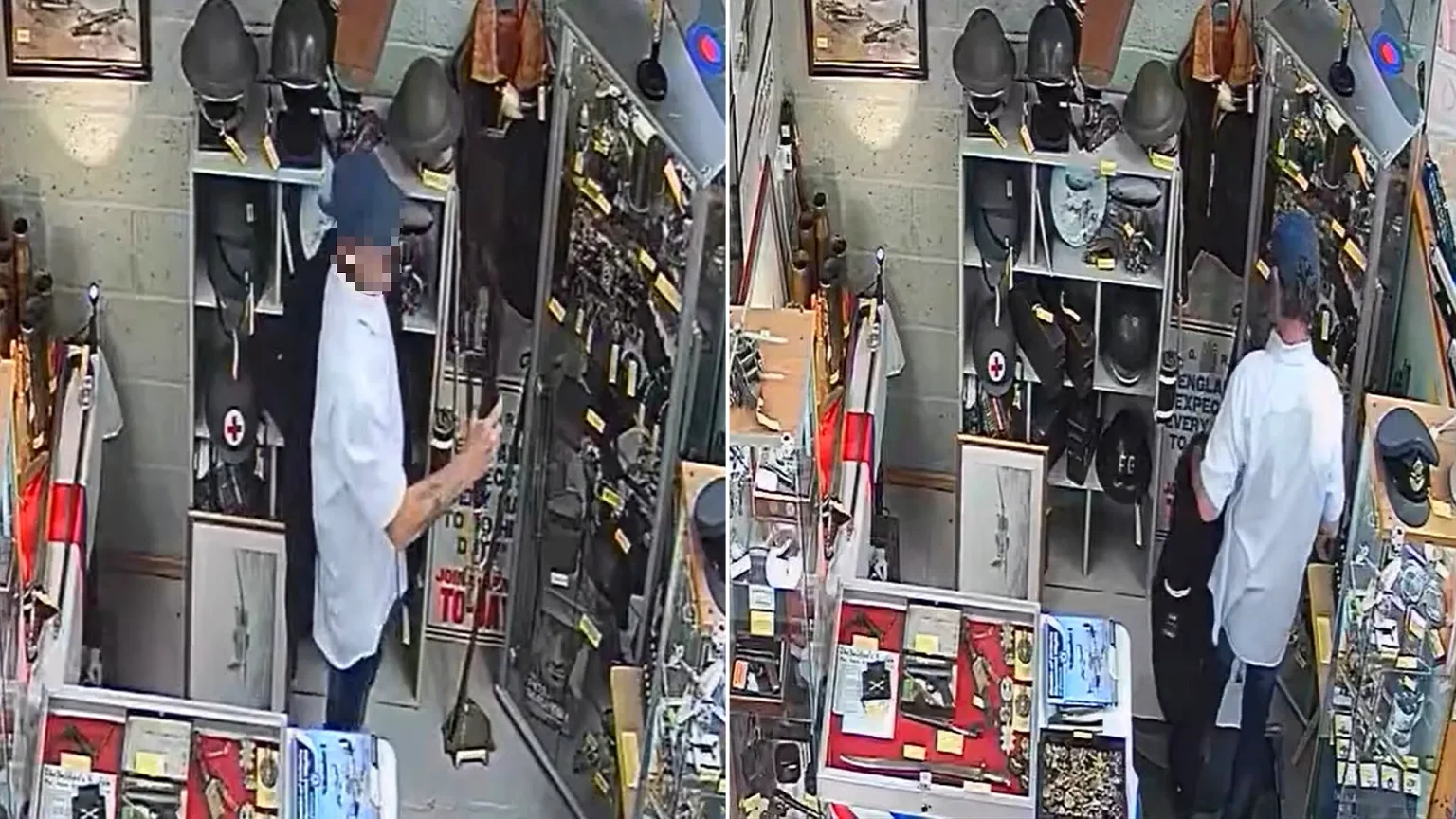 Thief caught on CCTV stealing replica rifle from antique shop by hiding it under his jacket. The weapon was not real but used by historical re-enactors near Birmingham.