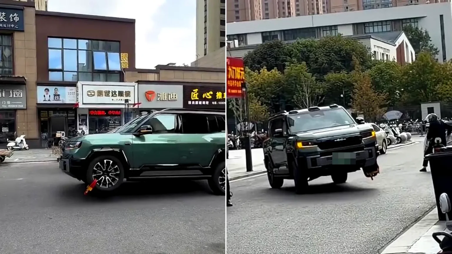 A sneaky driver used a high-tech suspension to lift a clamped wheel and drive off on the other three. Footage shows the BYD Denza B8 SUV rolling down a busy commercial.