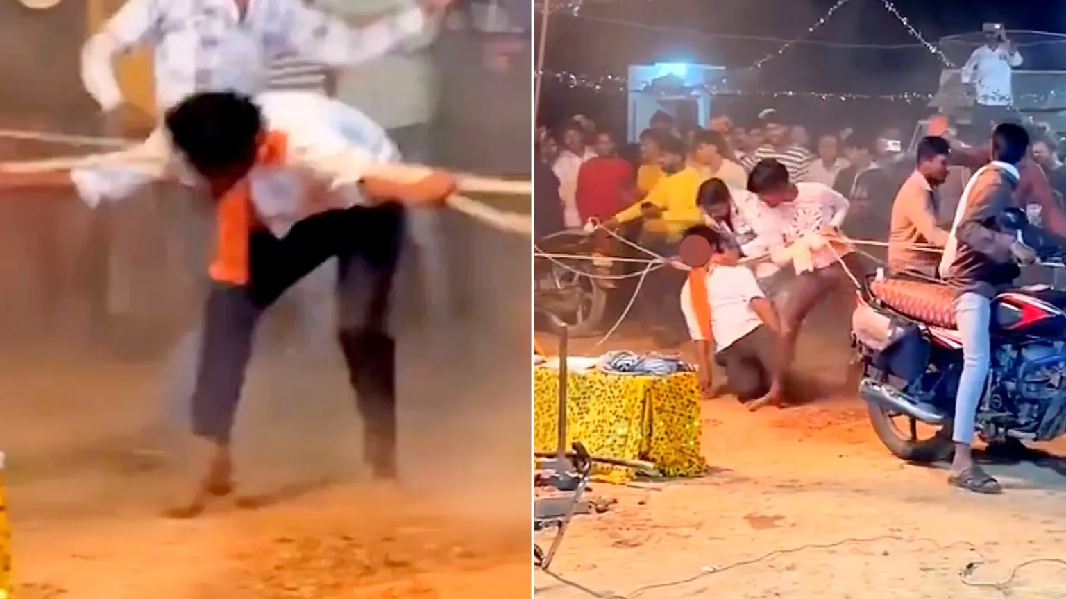 Performer strangled by ropes attached to motorbikes in shocking stunt gone wrong - dramatic footage shows the horrifying incident at Indian event.