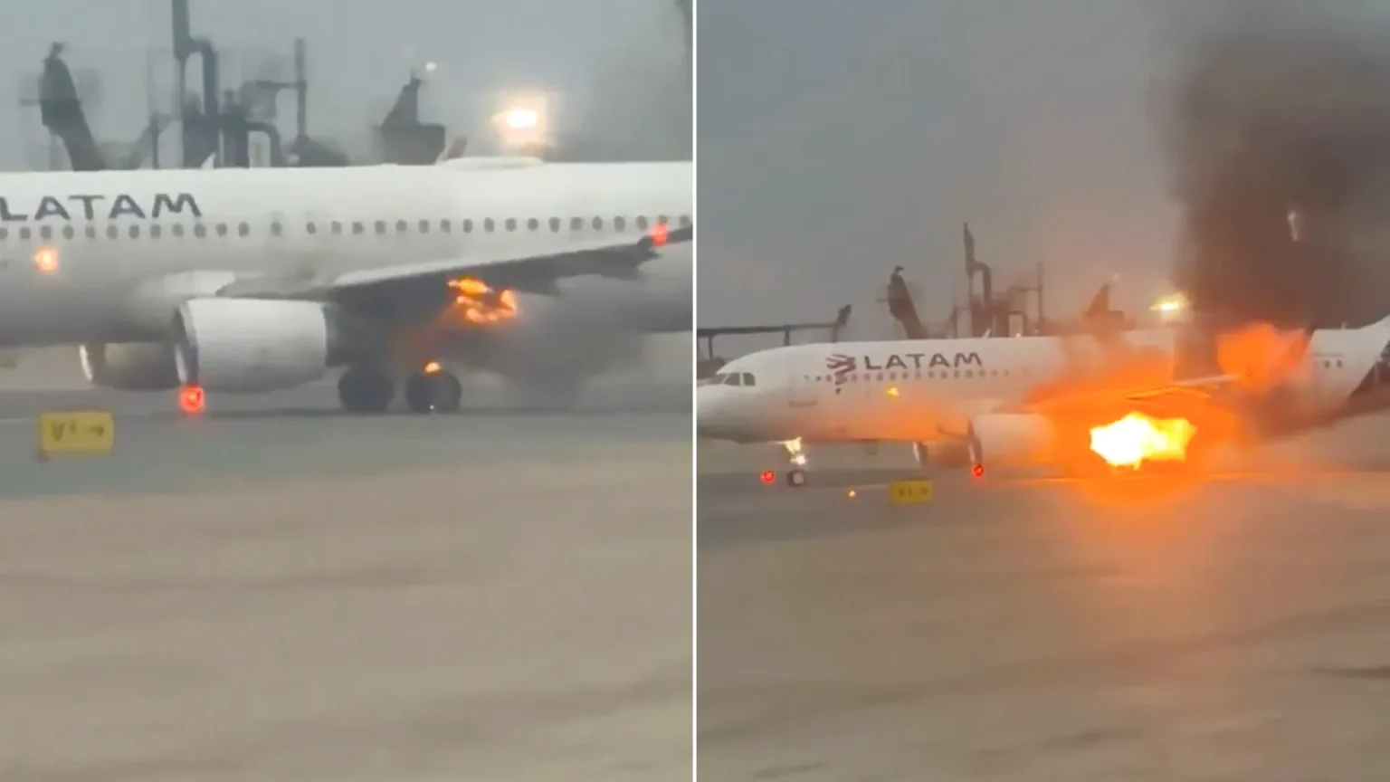 LATAM Airlines flight LA2302 erupts in flames on Lima runway moments before takeoff. Engine fire quickly controlled with no injuries reported in dramatic incident.