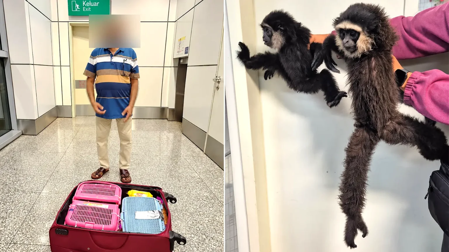 Three live monkeys discovered hidden in passenger's luggage at Kuala Lumpur airport during security check. The animals were handed to authorities.