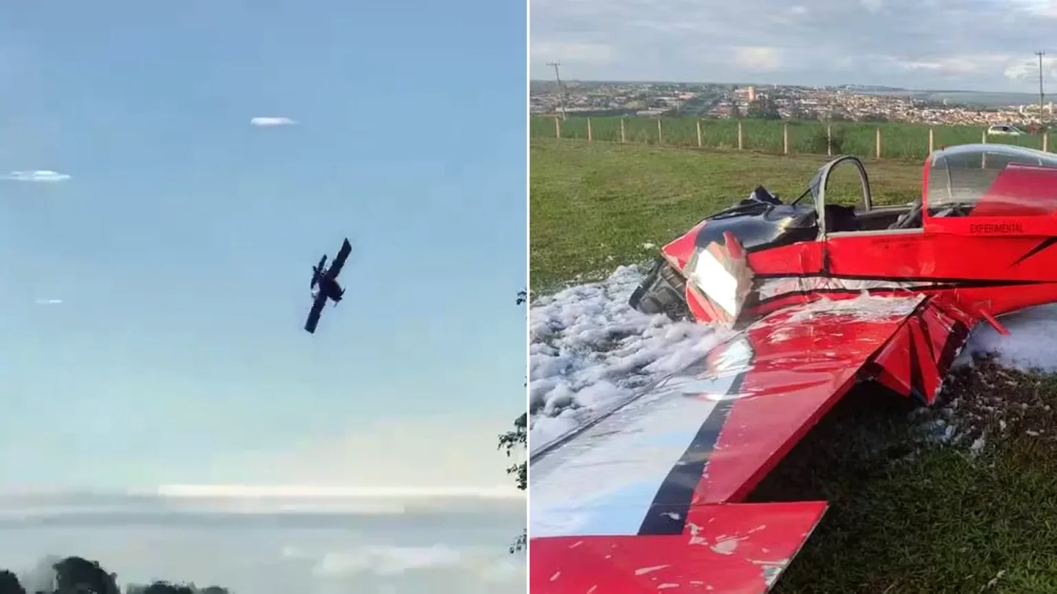Two pilots killed as experimental plane crashes during botched aerobatic stunt in Brazil. The aircraft flipped upside down shortly after take-off on Friday.