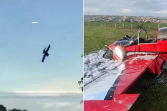 Two pilots killed as experimental plane crashes during botched aerobatic stunt in Brazil. The aircraft flipped upside down shortly after take-off on Friday.