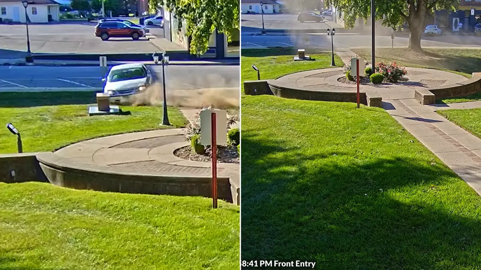 A 67-year-old woman was arrested after performing donuts on a courthouse lawn during a drunken joyride in Indiana. Video captures the shocking moment.