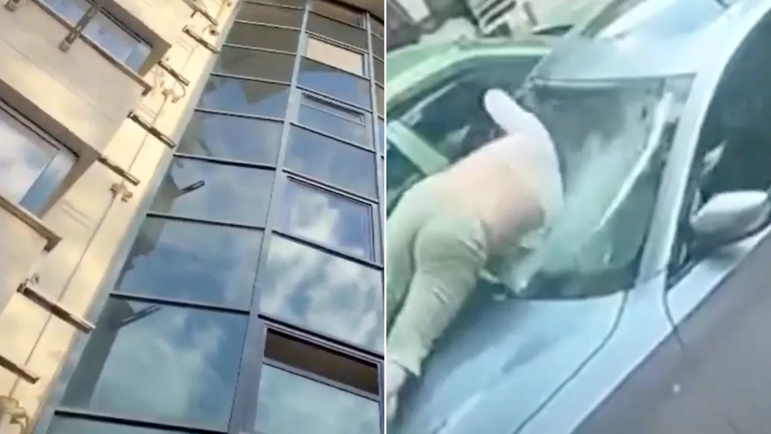 Woman fighting for life after plunging from sixth-floor hotel window and crashing head-first through parked car windscreen in Turkey. CCTV footage shows horrific impact.