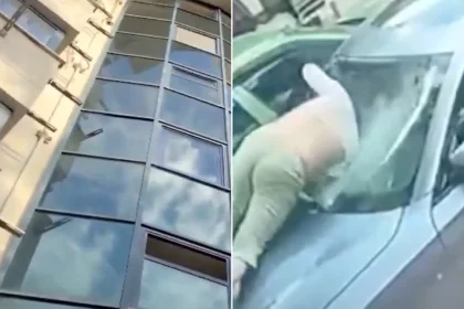 Woman fighting for life after plunging from sixth-floor hotel window and crashing head-first through parked car windscreen in Turkey. CCTV footage shows horrific impact.