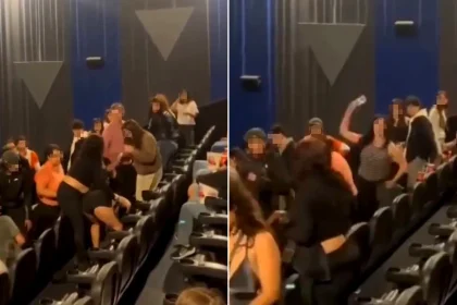 Women brawl in cinema over seats with punches, kicks and pepper spray, forcing evacuation of 50 moviegoers during horror film screening in Argentina.